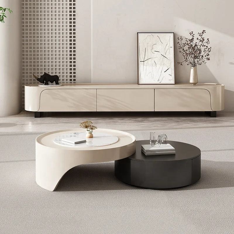 Modernist Dual-Tier Retractable Circular Lounge Coffee Table - Image 6