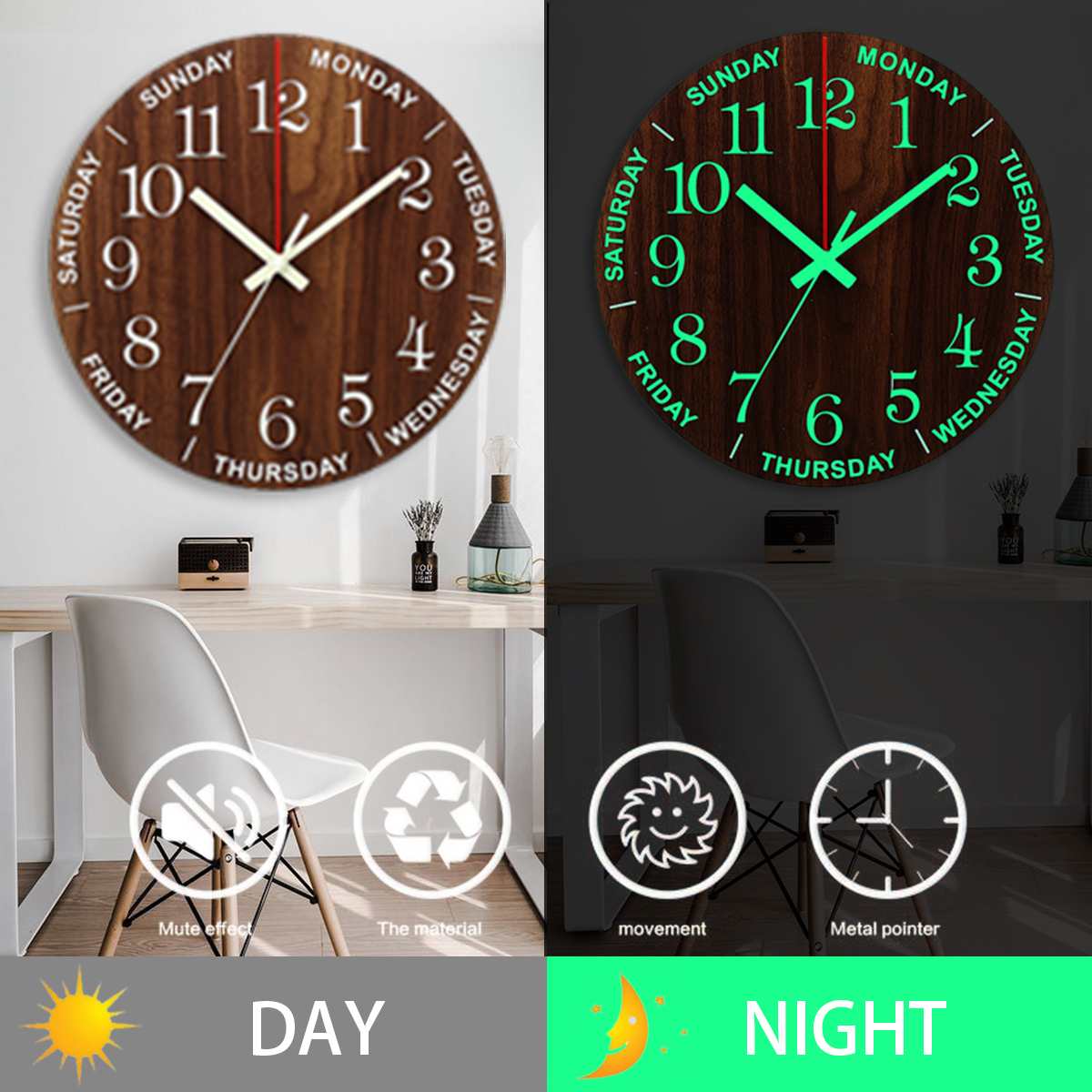 Nordic Luminous Wood Silent Wall Clock - Image 5