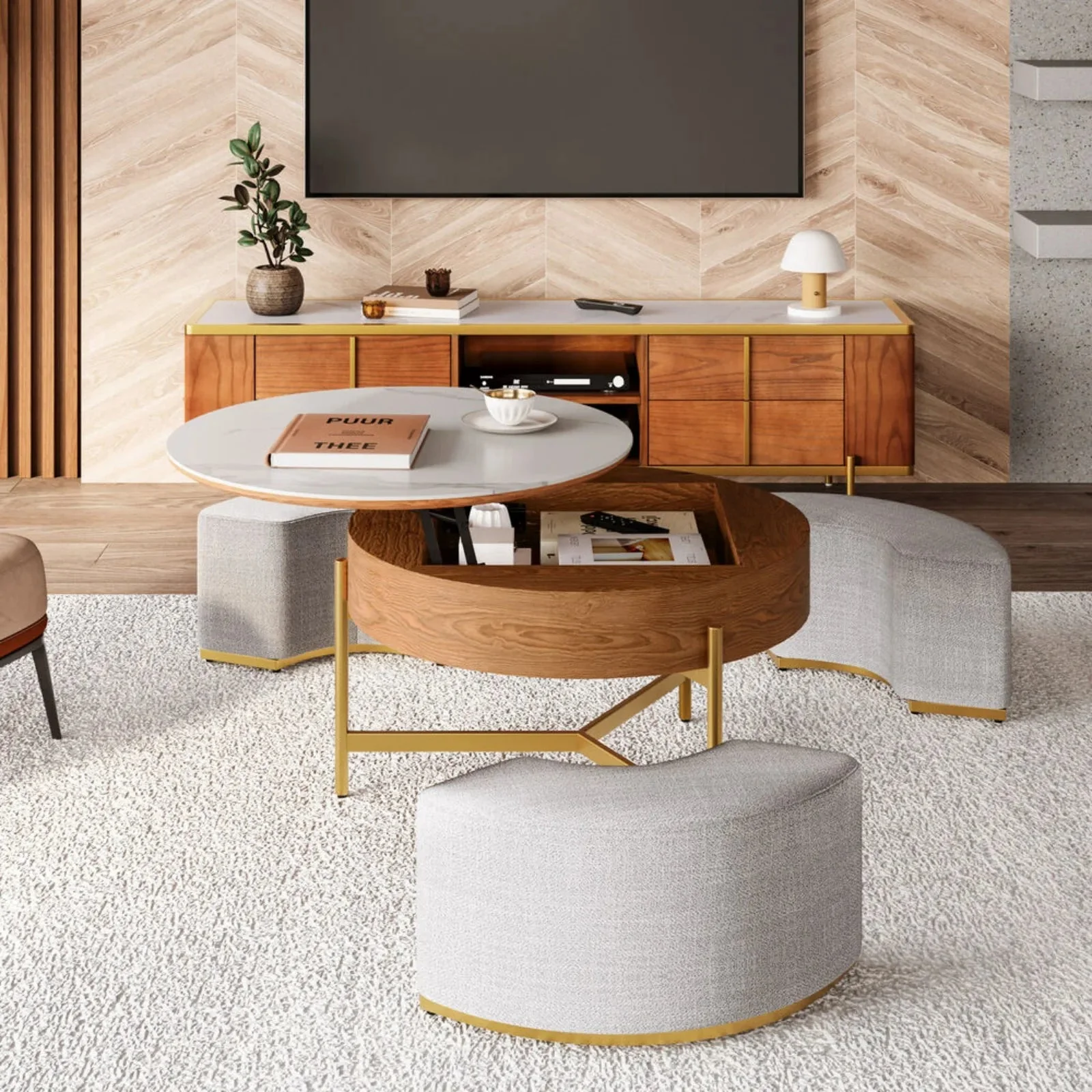 Ottoman Seating Liftable Wooden Coffee Table Set - Image 3