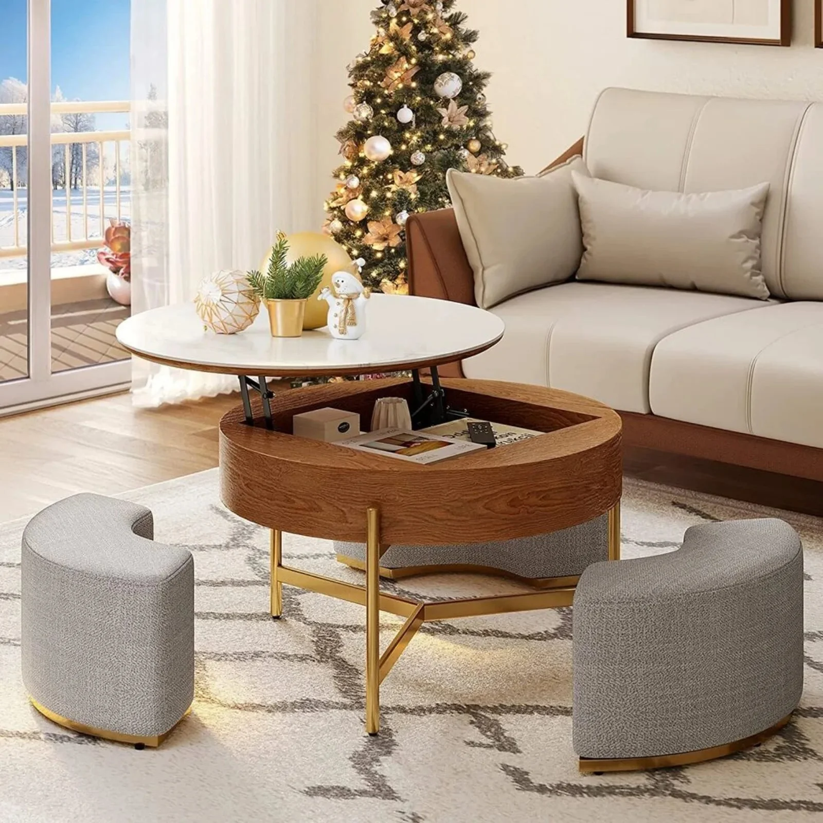 Ottoman Seating Liftable Wooden Coffee Table Set - Image 7