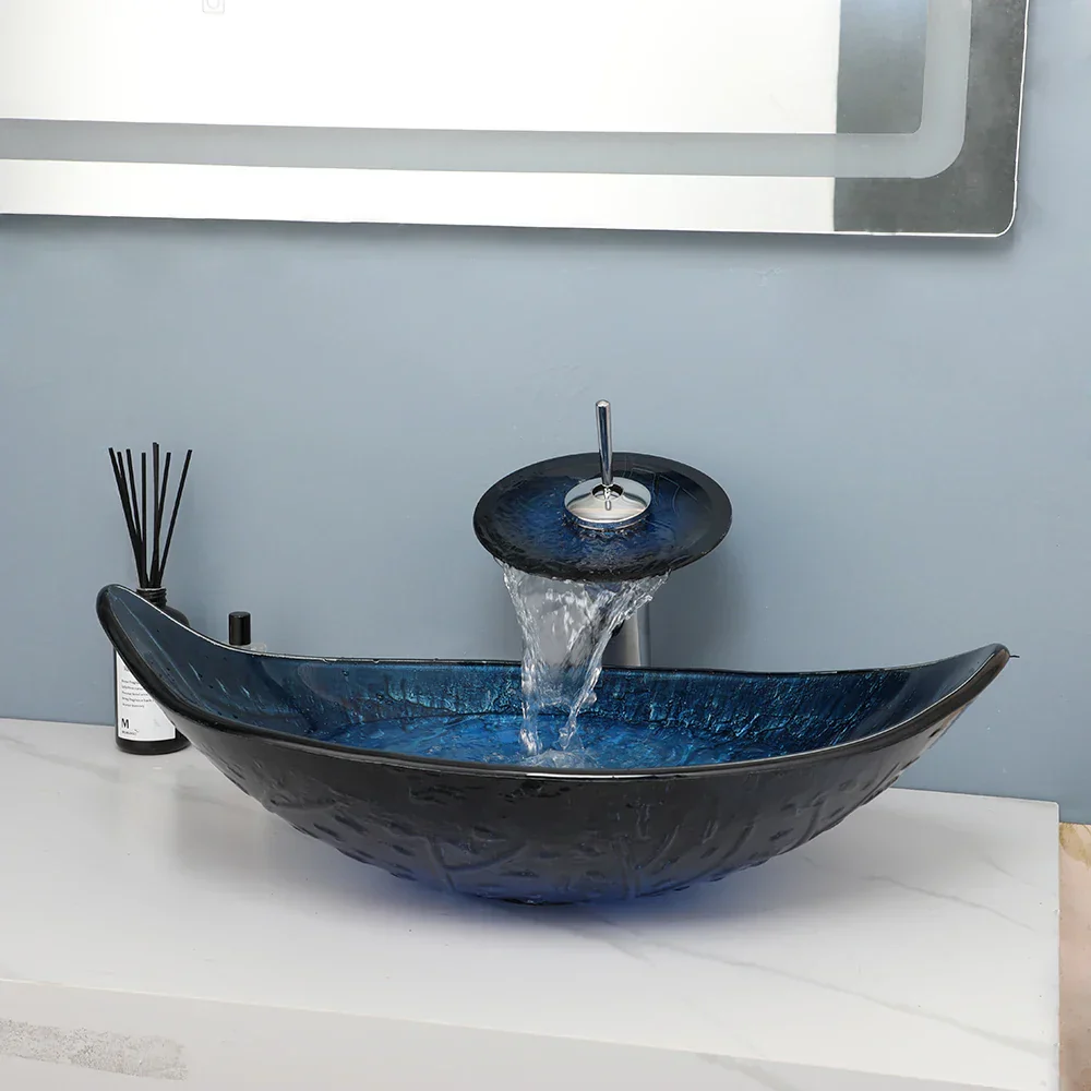 Oval Vessel Tempered Glass Waterfall Faucet Combo Sink - Image 2