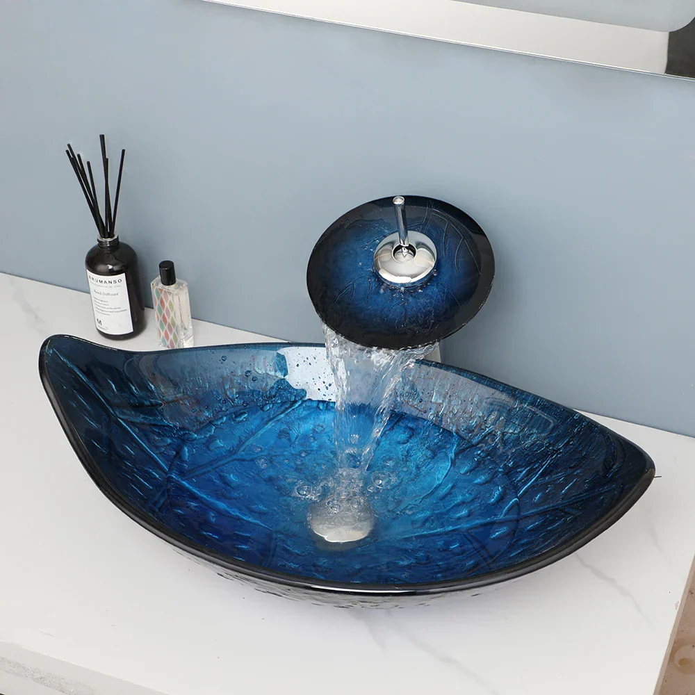 Oval Vessel Tempered Glass Waterfall Faucet Combo Sink - Image 3