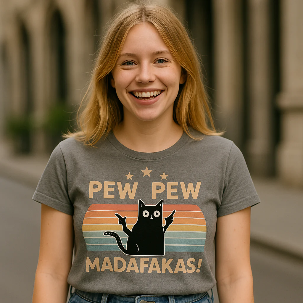Pew Pew Funny Cat Retro T-Shirt - Image 2