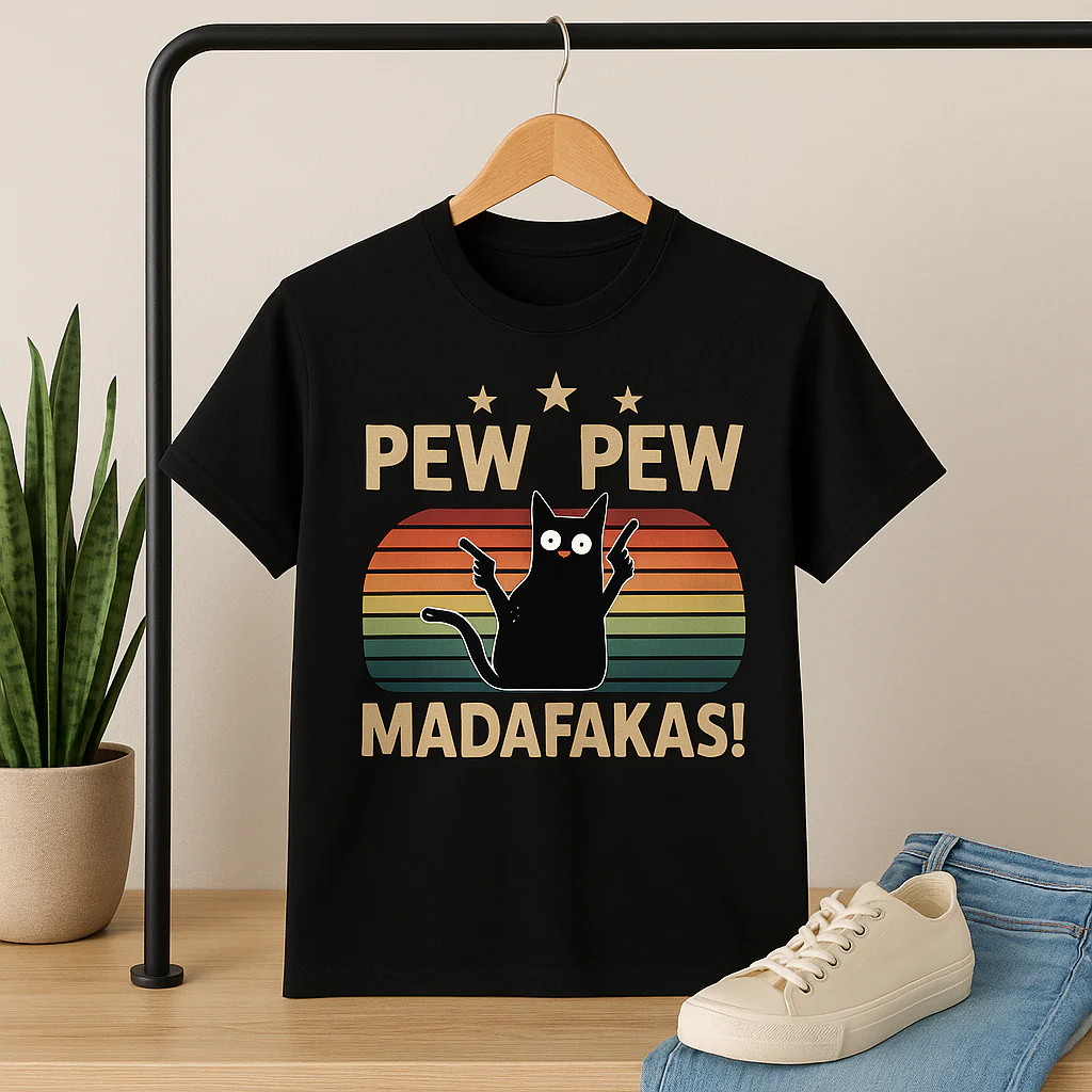 Pew Pew Funny Cat Retro T-Shirt - Image 3