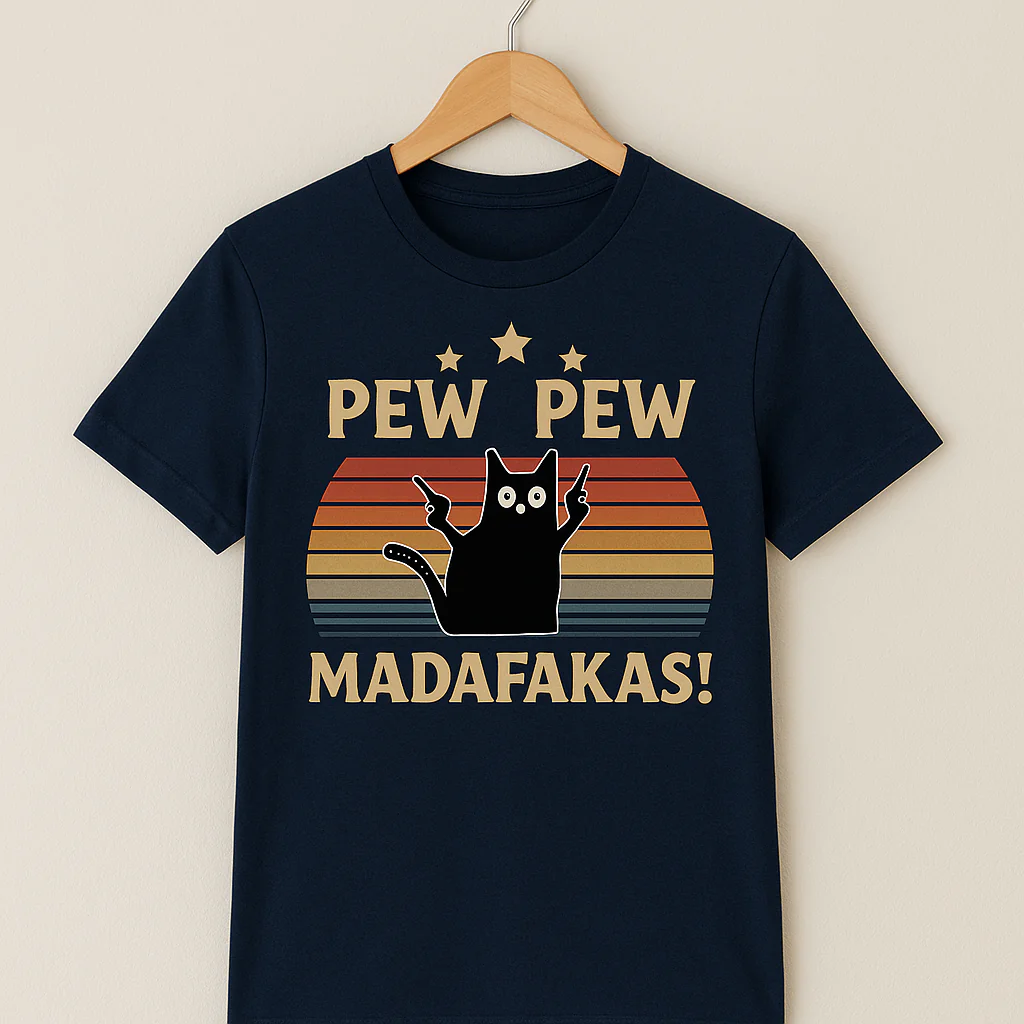 Pew Pew Funny Cat Retro T-Shirt - Image 4