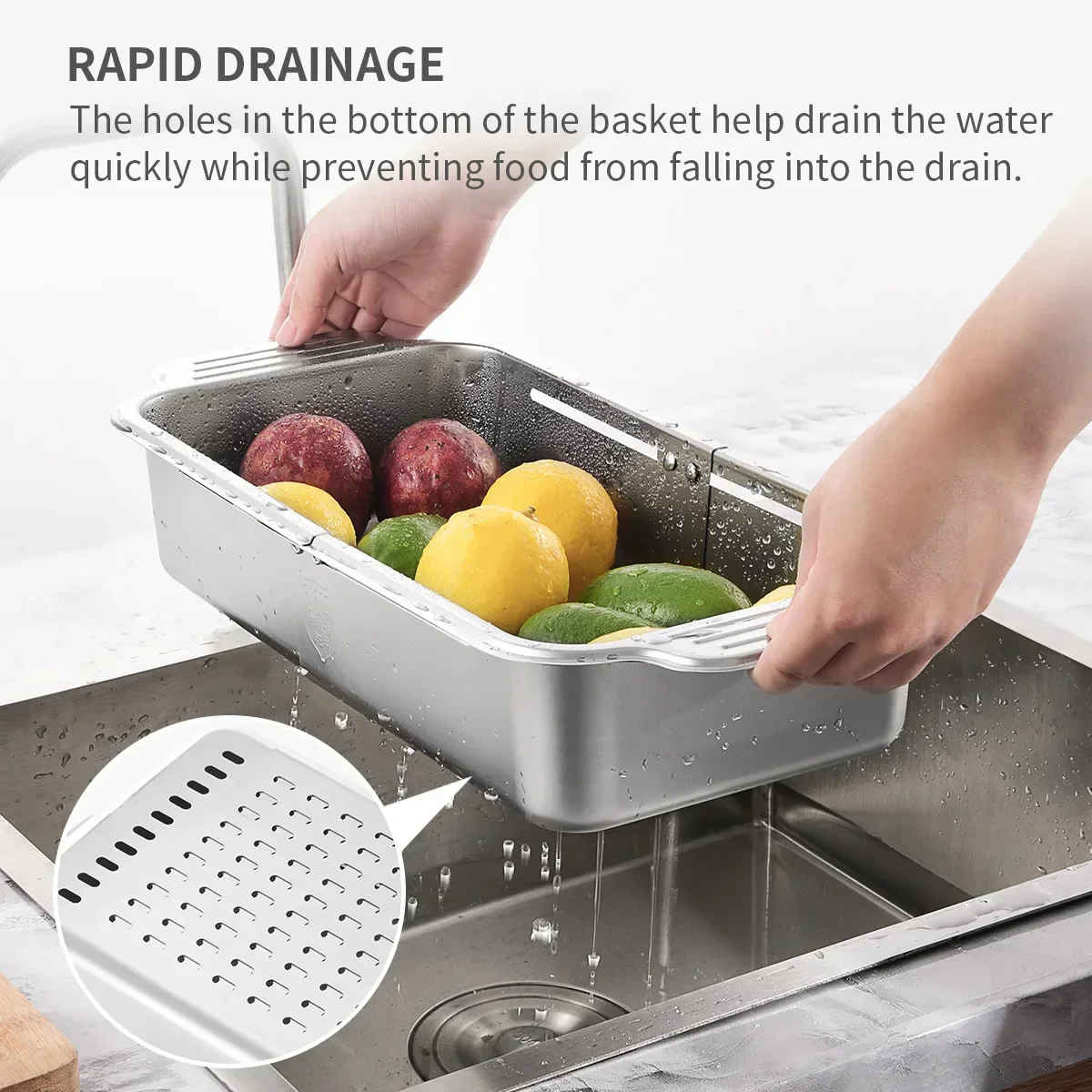 Retractable Over Sink Stainless Steel Vegetable Drain Basket - Image 2