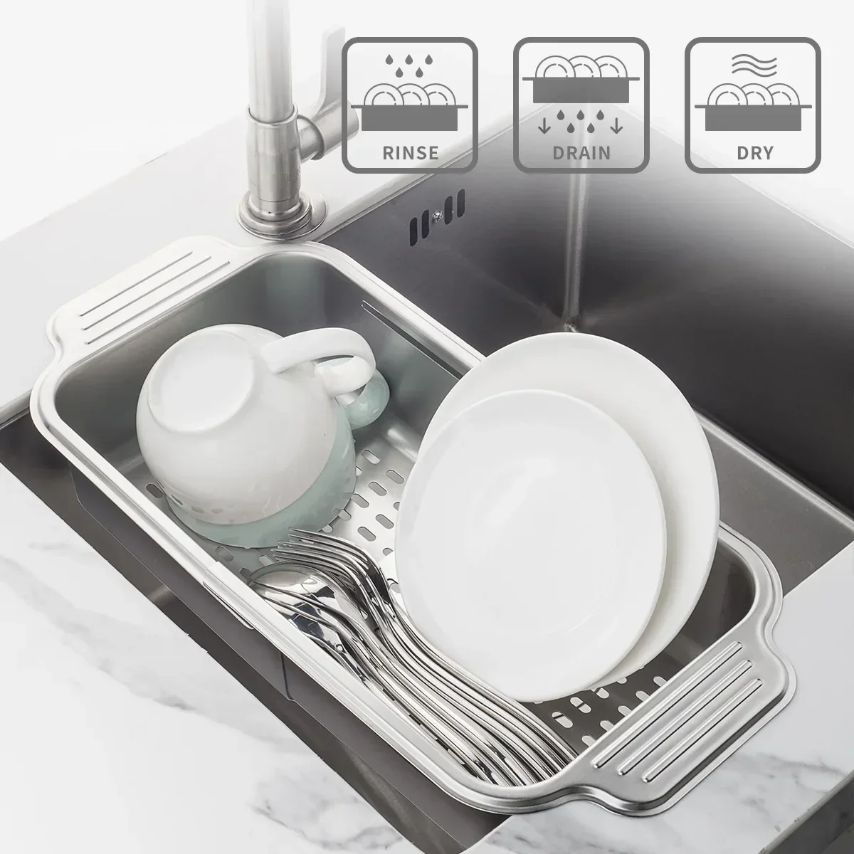 Retractable Over Sink Stainless Steel Vegetable Drain Basket - Image 3