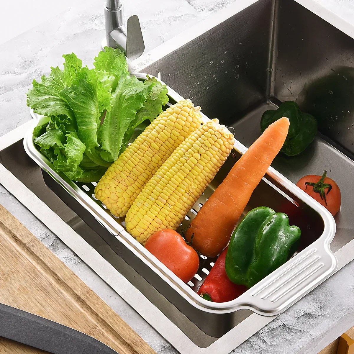 Retractable Over Sink Stainless Steel Vegetable Drain Basket - Image 6