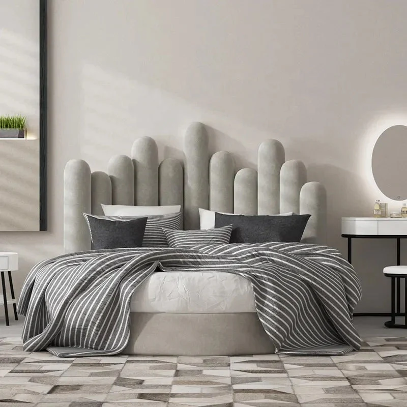 Scandinavian-Inspired Round Upholstered Wave Headboard Bed - Image 2