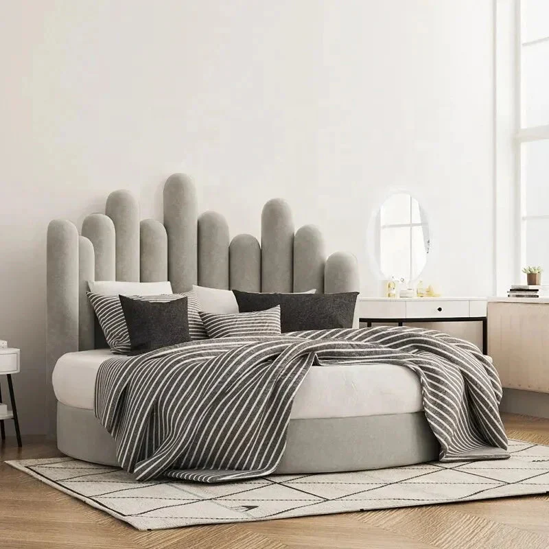Scandinavian-Inspired Round Upholstered Wave Headboard Bed - Image 4