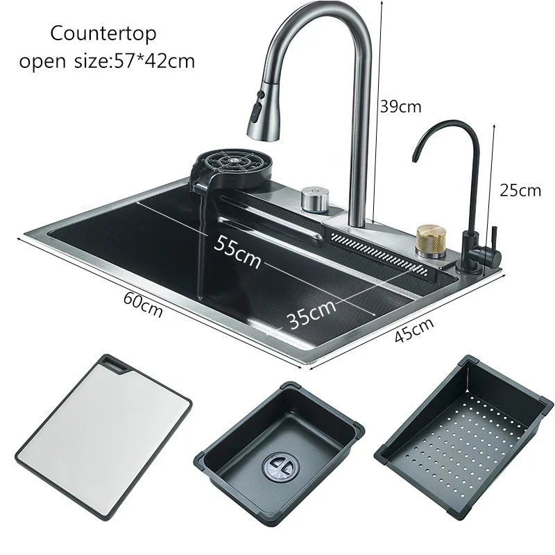 Stainless Steel Cup Washer Waterfall Kitchen Sink - Image 3