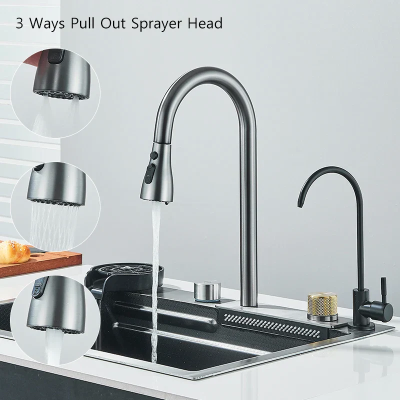 Stainless Steel Cup Washer Waterfall Kitchen Sink - Image 4