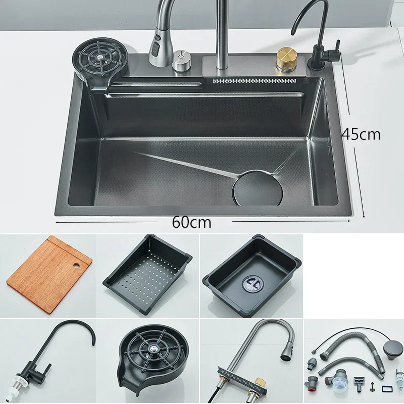 Stainless Steel Cup Washer Waterfall Kitchen Sink - Image 9