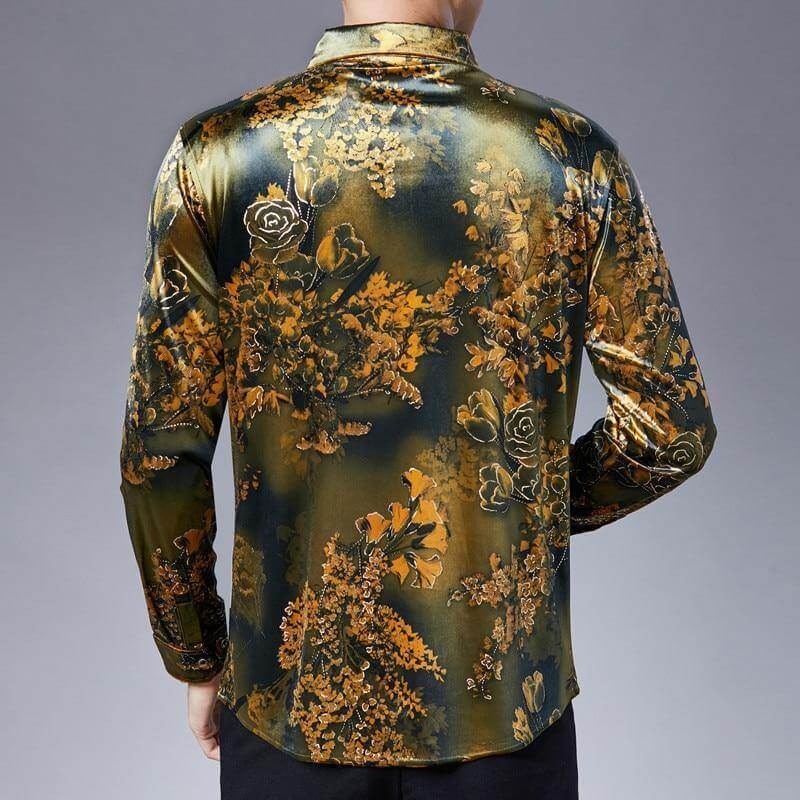 Stretch Velvet Flower Long Sleeve Men Shirt - Image 4