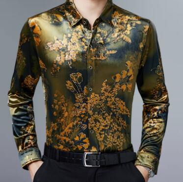 Stretch Velvet Flower Long Sleeve Men Shirt - Image 6