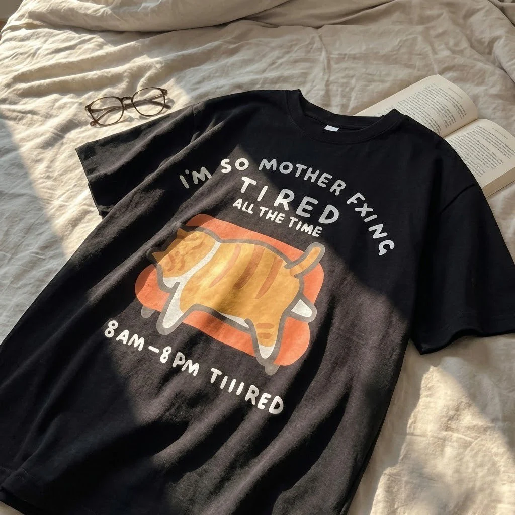 Tired Cat Humor T-Shirt - Image 3