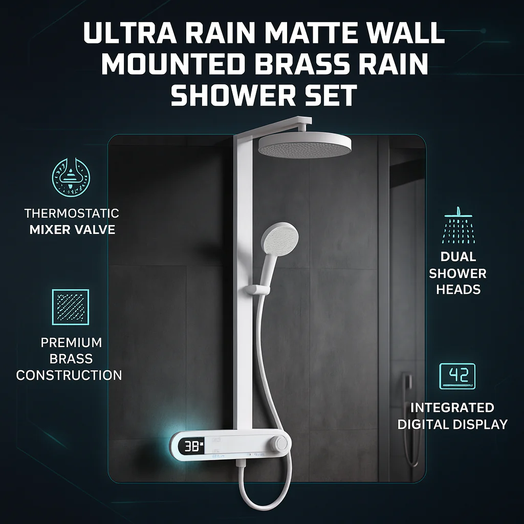 Ultra Rain Matte Wall Mounted Brass Rainfall Shower Set - Image 5