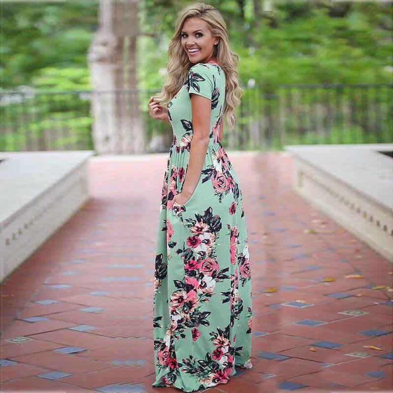 Women Bohemia Short Sleeve O Neck Floral Summer Dress - Image 22