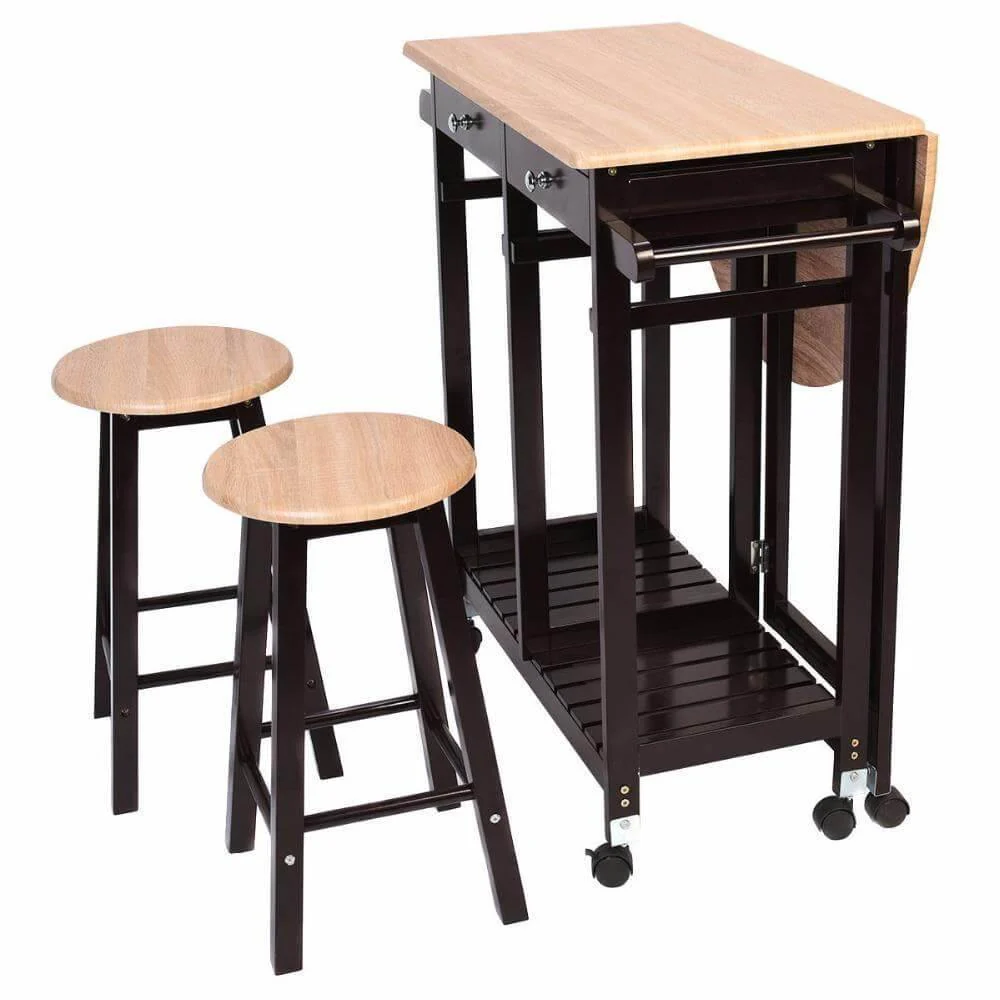 Wood Kitchen Island Table with 2 Stools - Image 2