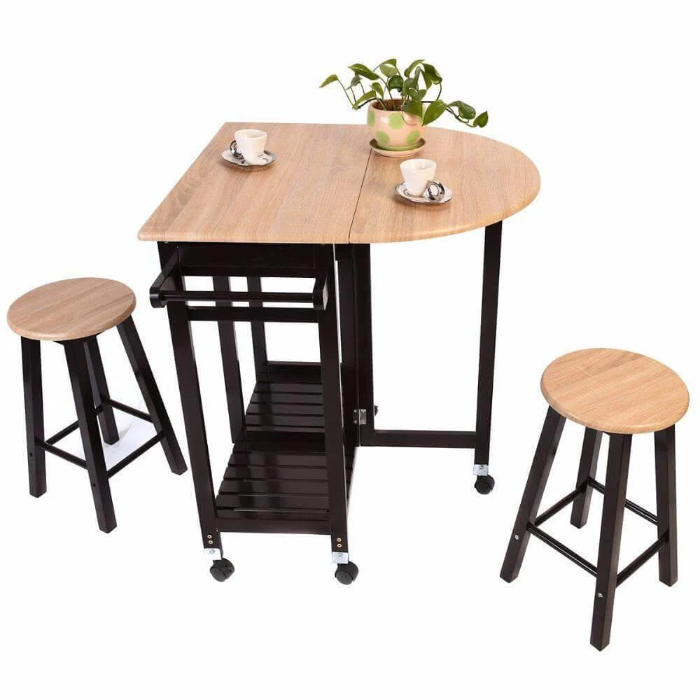Wood Kitchen Island Table with 2 Stools - Image 9